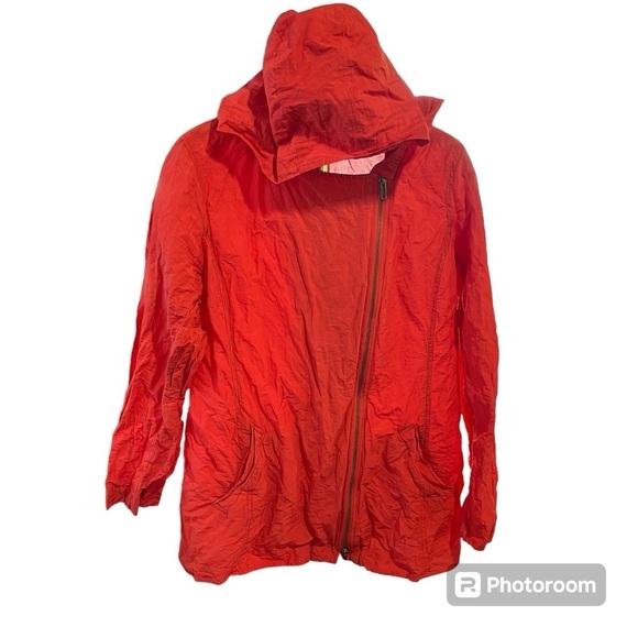 EILEEN FISHER ~ Orange Rumpled Metallic Jacket with Removable Hood Asymmetric - Picture 4 of 13